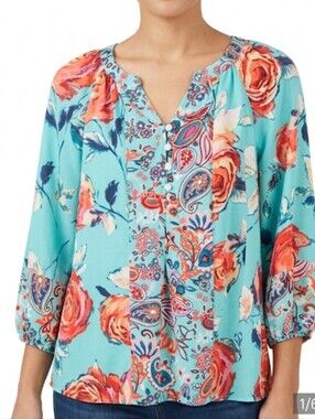 fig and flower Turquoise Peasant Blouse with Coral Floral Print Size Small